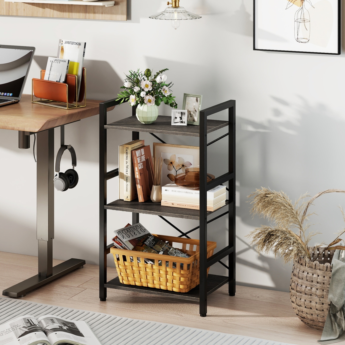 JV13737OA 4-Tier Bookshelf with Metal Frame & Wooden Storage Racks for Study - Oak