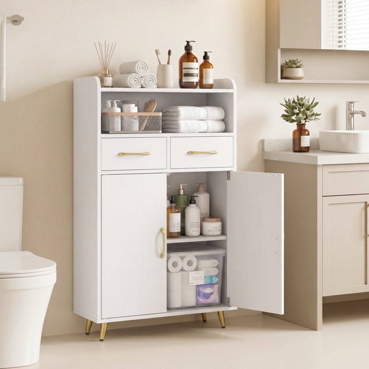 JV13783WH Bathroom Storage Cabinet Freestanding Floor Cabinet with 2 Drawers & 2 Doors - White