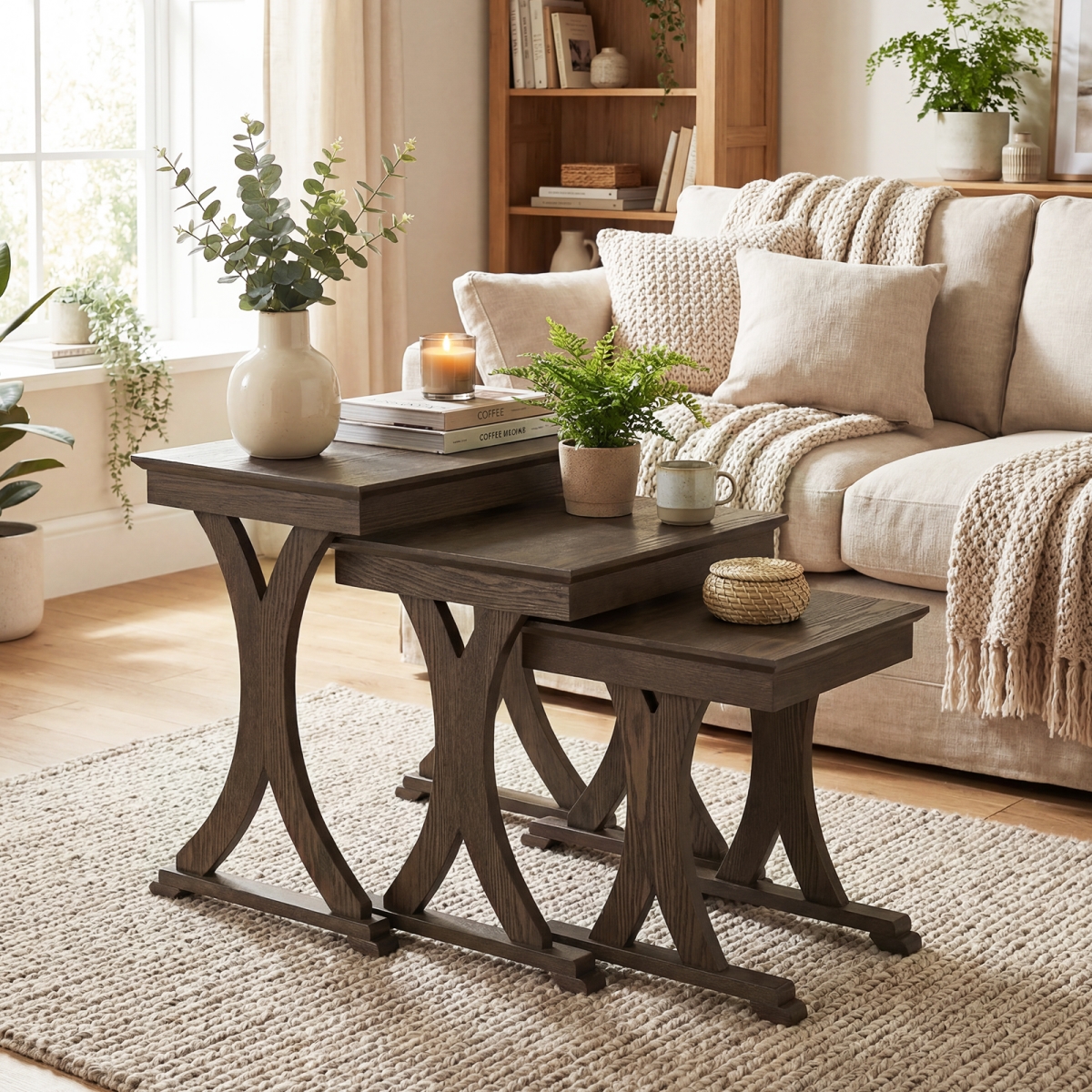 JV13836BN Nesting Coffee Table Side Table with Solid Rubber Wood Legs - Brown - 3 Piece