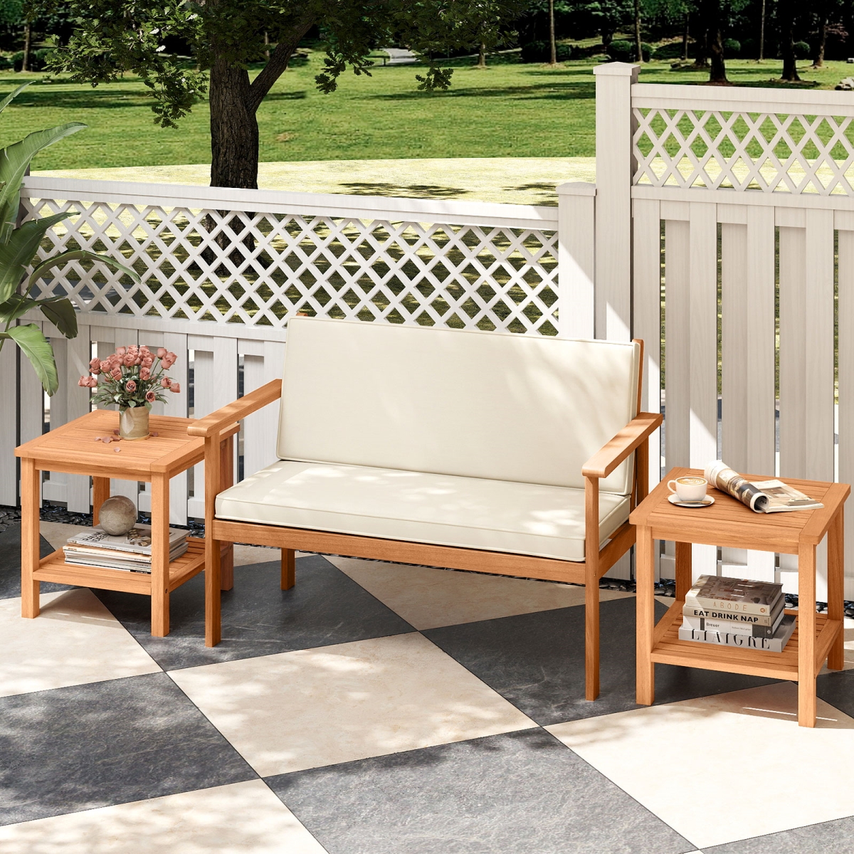 JV13841-2 Patio Acacia Wood Side Table with Slatted Tabletop & Storage Shelf - Set of 2