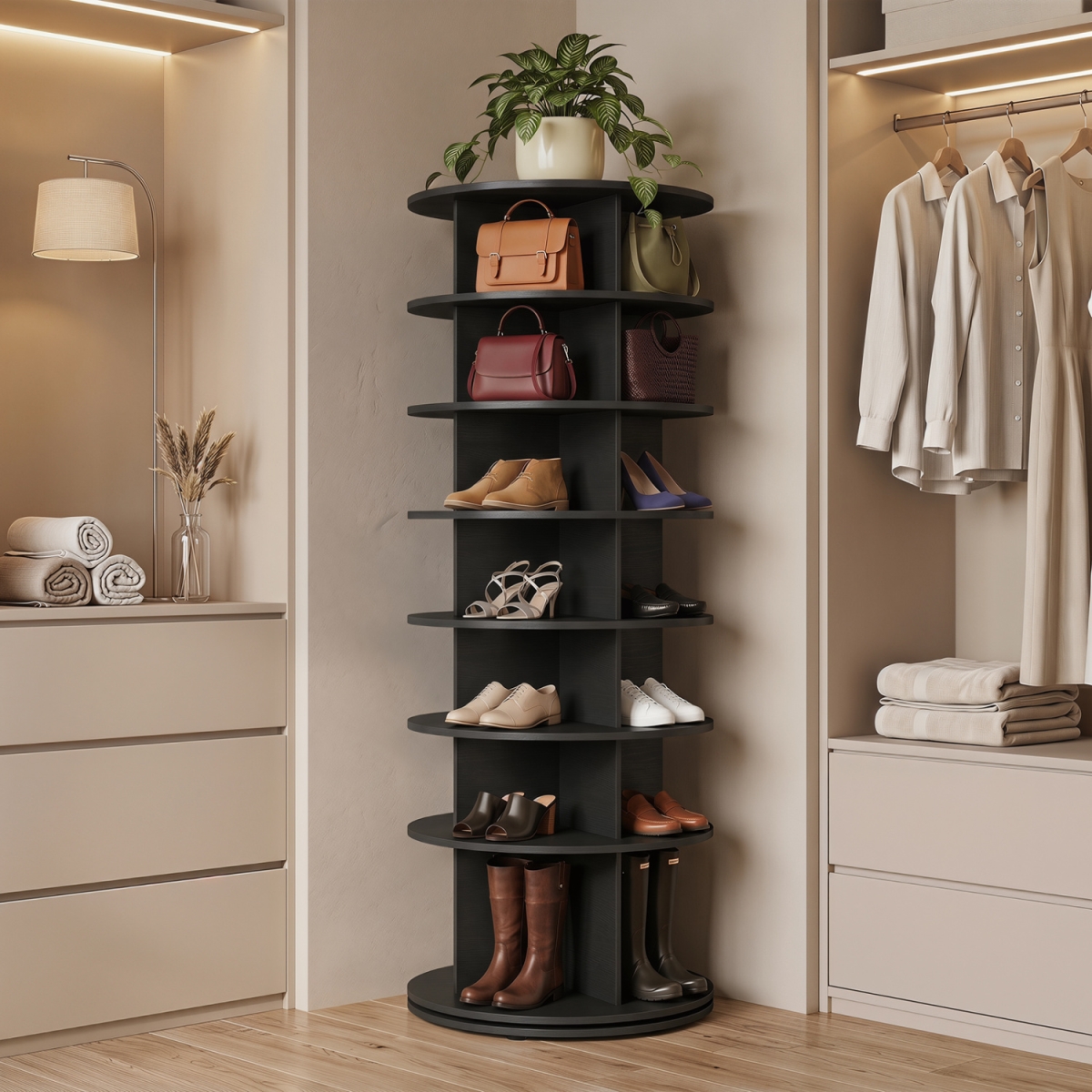 JV13847DK 7-Tier Rotating Shoe Rack Tower Freestanding Spinning Shoe Organizer - Black