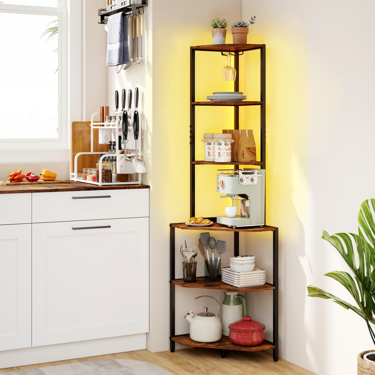 JV13912US-CF 65 in. 6-Tier Corner Shelf with Charging Station & Ambience Light - Rustic Brown