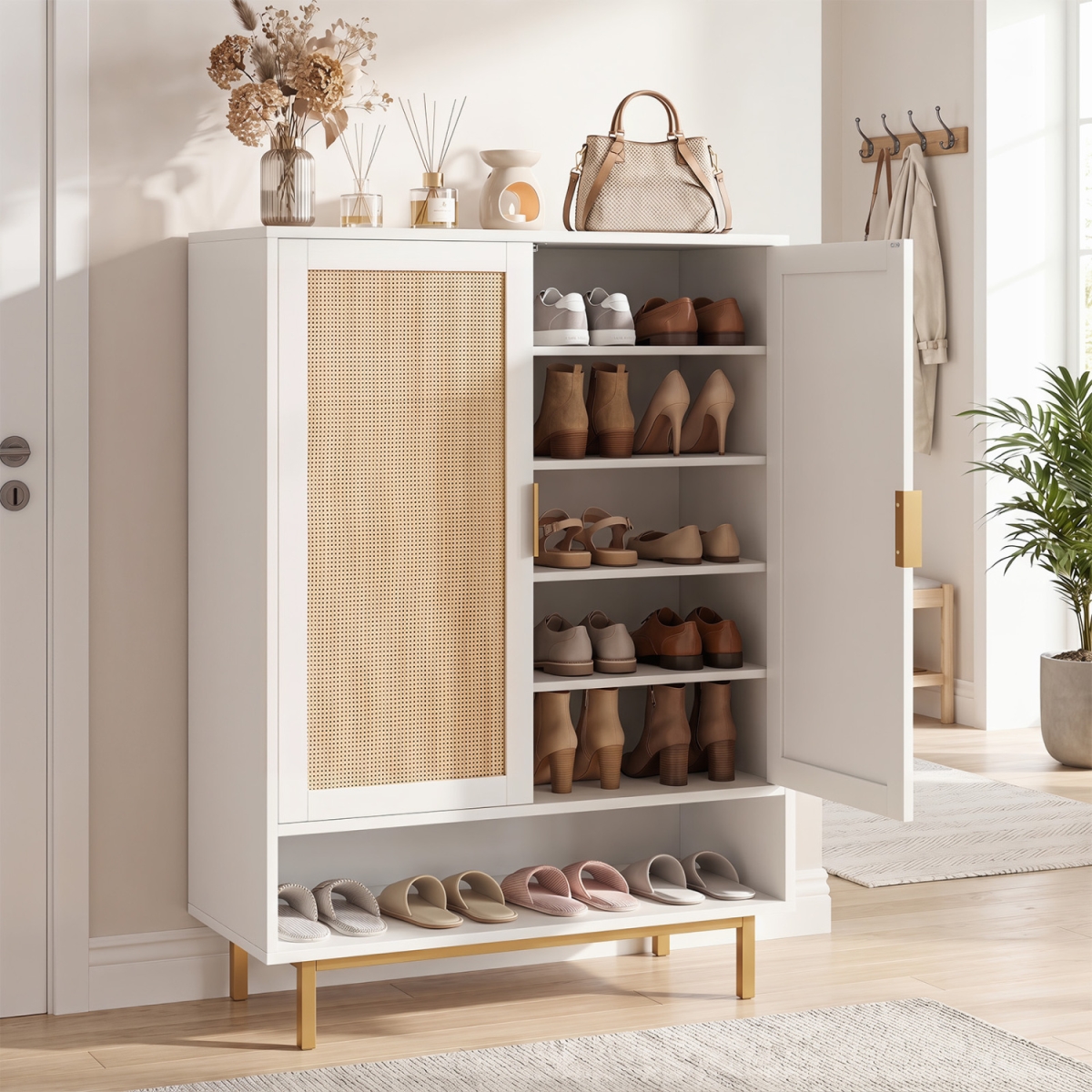 JV14165WH 43 in. 6-Tier Tall Shoe Cabinet with Double Doors - White