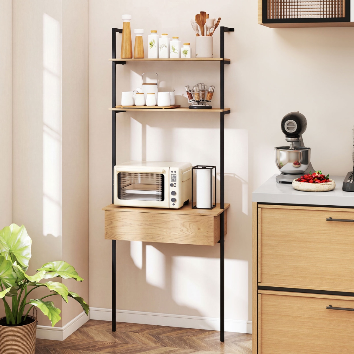 JV14223NA 4-Tier Ladder Bookshelf with Drawer & Metal Frame for Living Room - Natural