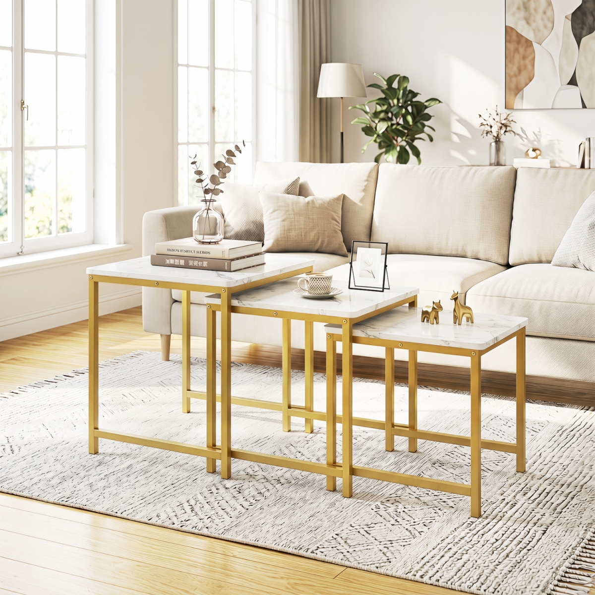 JV14224WH Faux Marble Nesting Table with Metal Frame - White - Set of 3