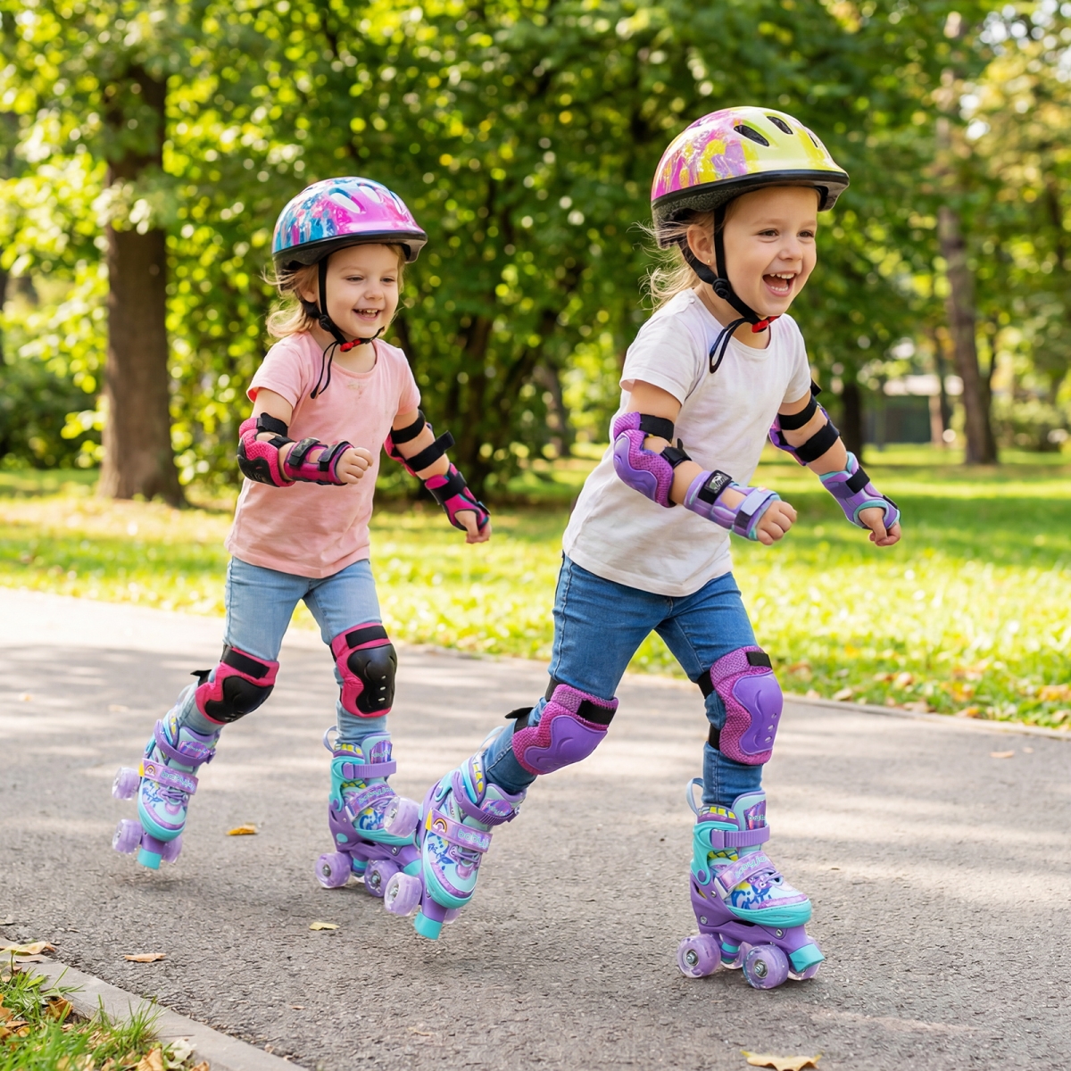 TS10390PU 4 Sizes Adjustable Kids Roller Skates with Light-Up Wheels & Safety Protection - Purple