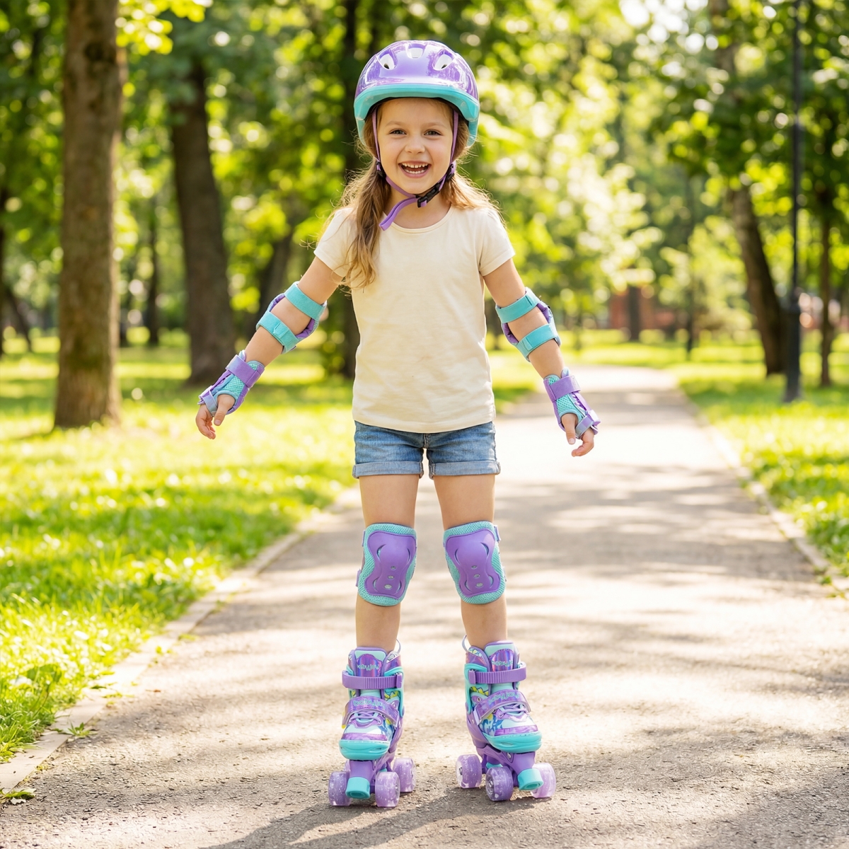 TS10391PU 4 Sizes Adjustable Kids Roller Skates with Light-Up Wheels & Safety Protection S Size - Purple