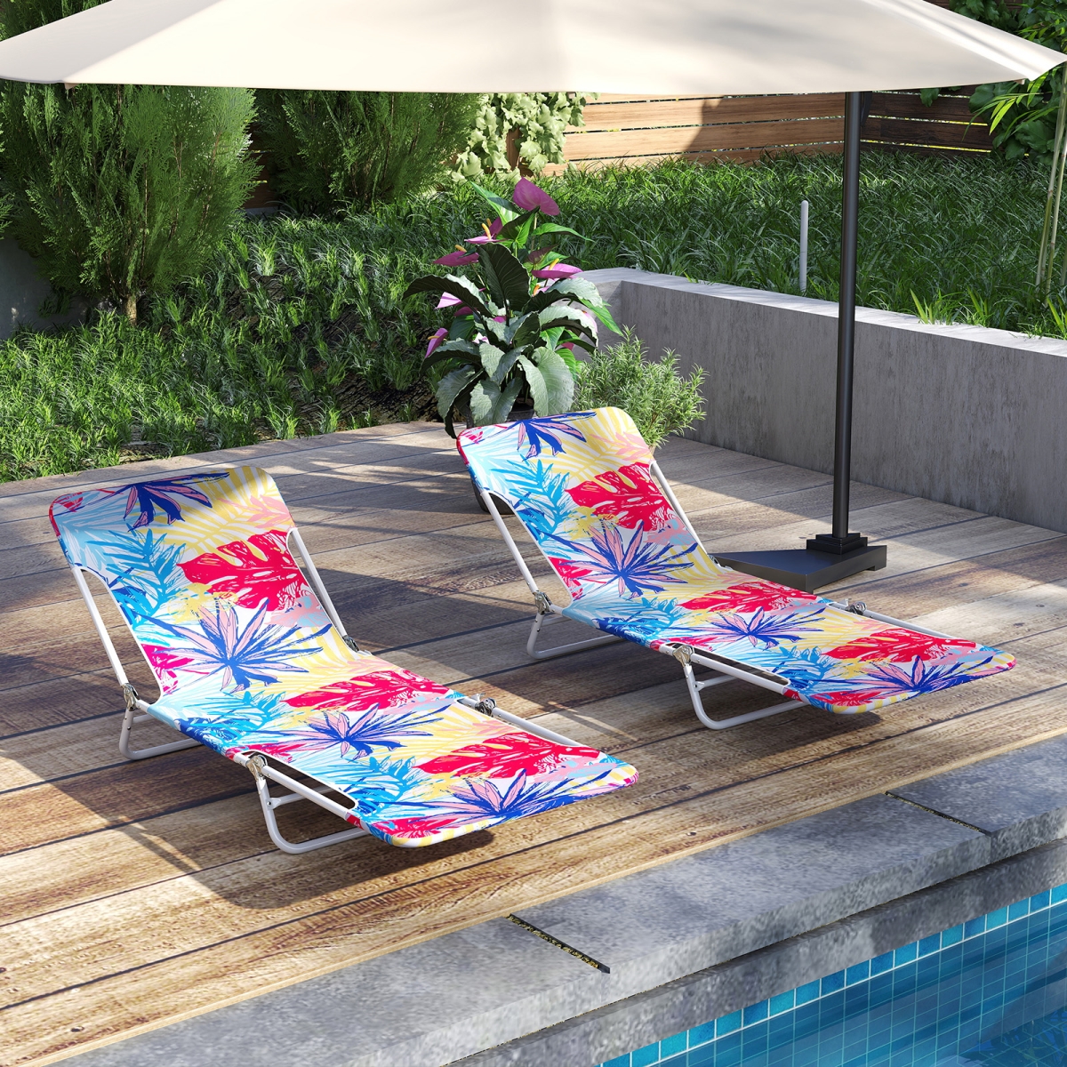 NP12548PI-2 5-Position Lay Flat Beach Recliner with Carry Strap & Metal Frame - Pink - 2 Piece