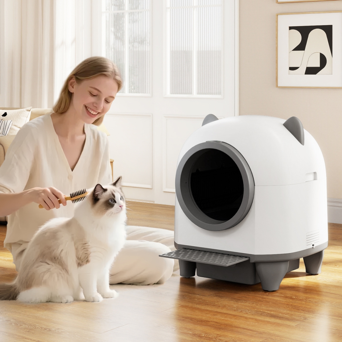 PV10450US Self-Cleaning Litter Box for Multi-Cat & Senior Cats Home - White