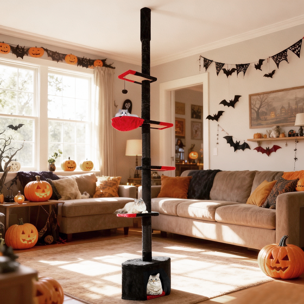 PV10462DK Floor to Ceiling Gothic Cat Tree 97-118 in. Adjustable 5-Tier with Condo - Black