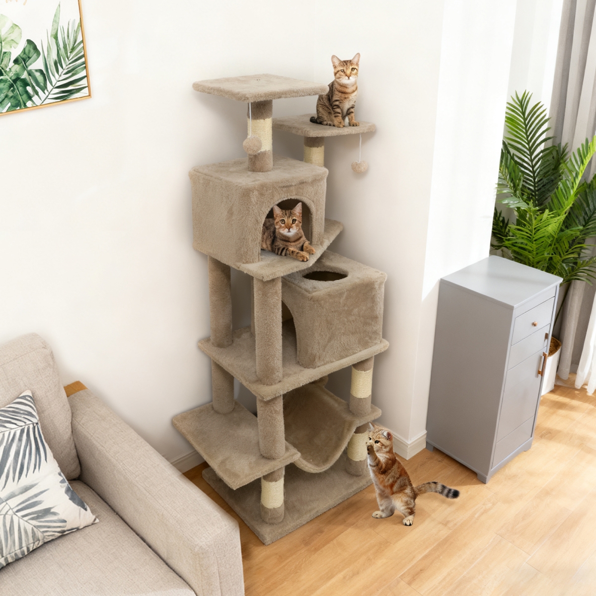PV10488CF 57 in. Cat Tree with Dual Condos & Hammock & 2 Dangling Balls - Coffee
