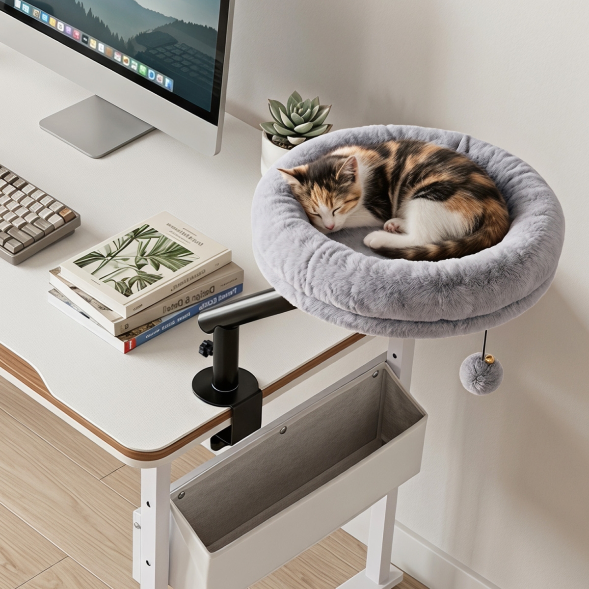PV10558GR 360 Deg Rotating Cat Desk Bed for Indoor Cats with Removable Perch - Gray