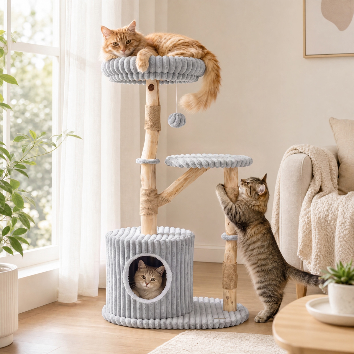 PV10608GR Solid Wood Cat Tree 41 in. with Real Branches & Scratching Posts & Cozy Bed - Gray