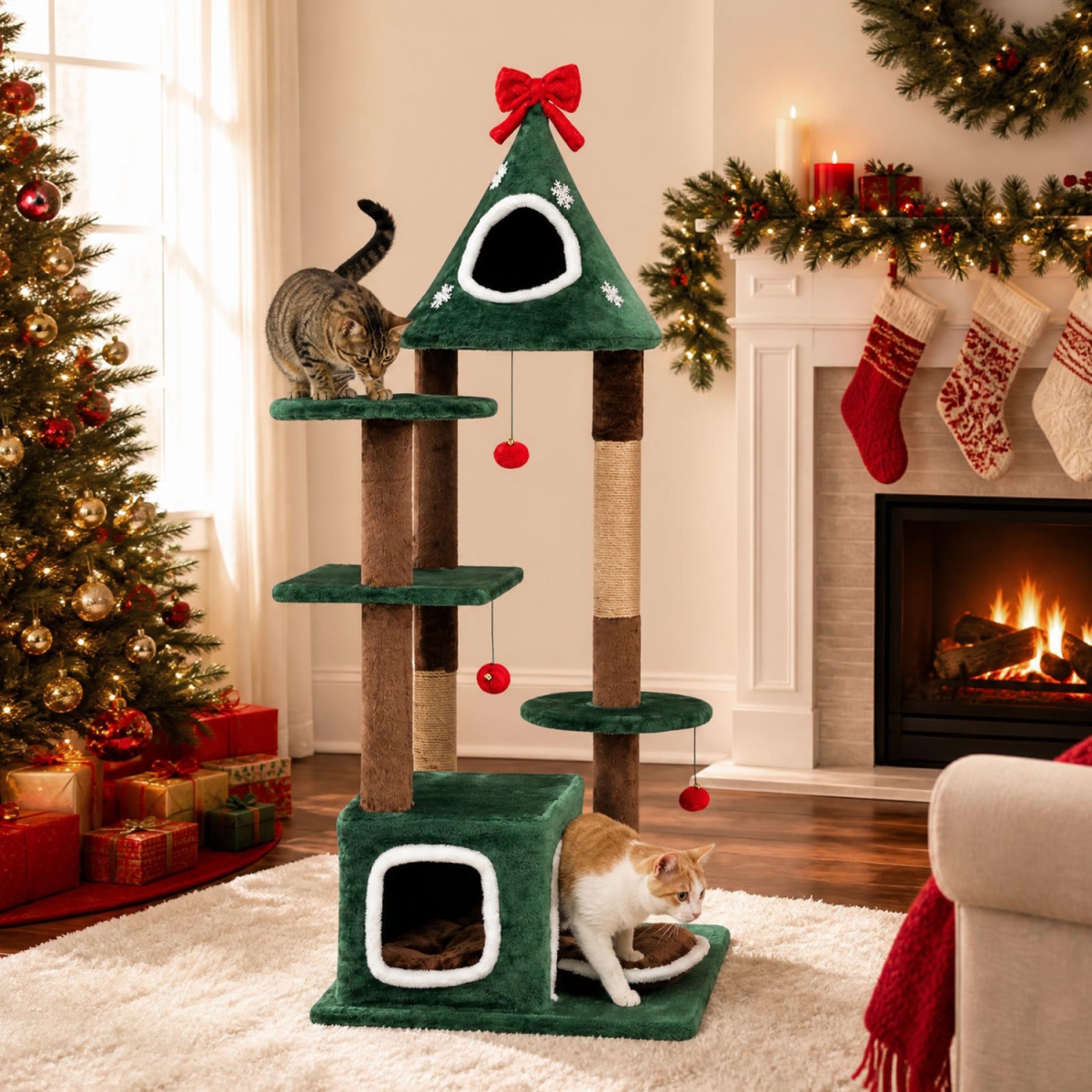 PV10630GN 54 in. Christmas Cat Tree with 2 Condos & Removable Cushion - Green