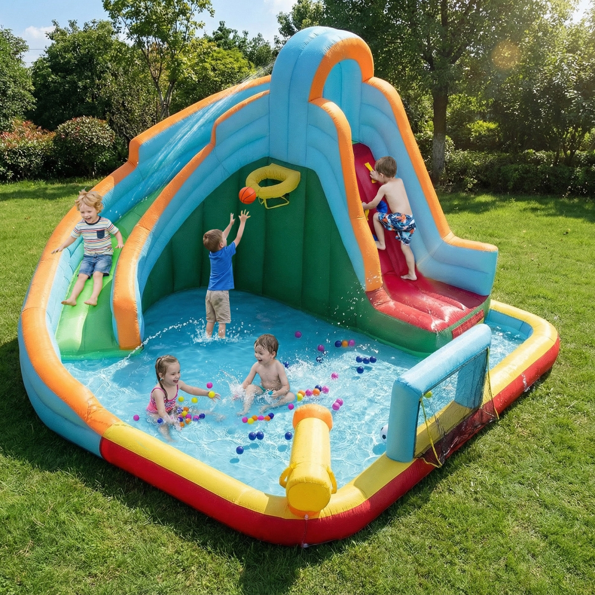 NP12828 Inflatable Water Slide Park 6-in-1 Giant Bounce House without Blower - Multi Color