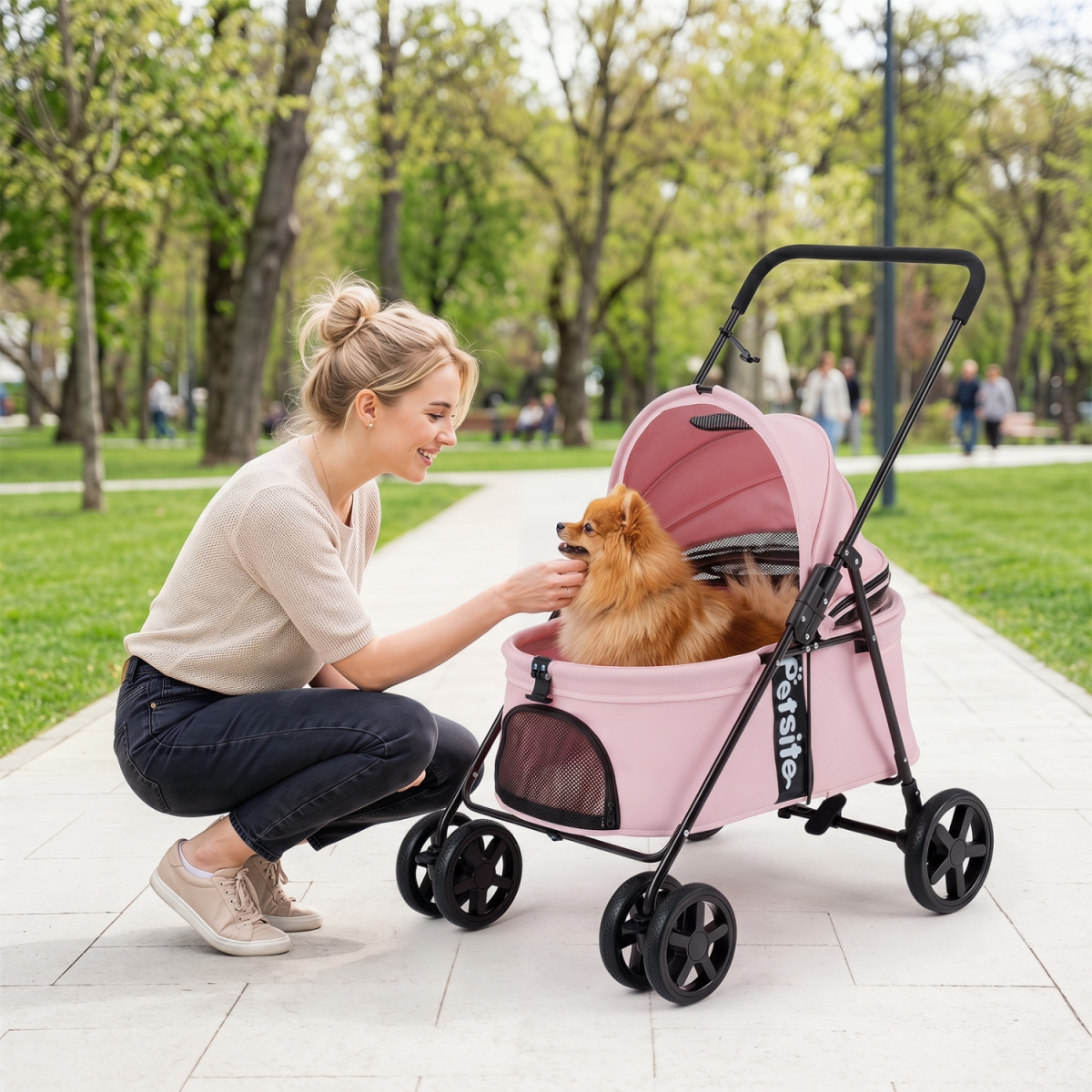 PW10184PI Pet Stroller for Small Medium Dogs Foldable with One-Step Rear Brake & Canopy - Pink