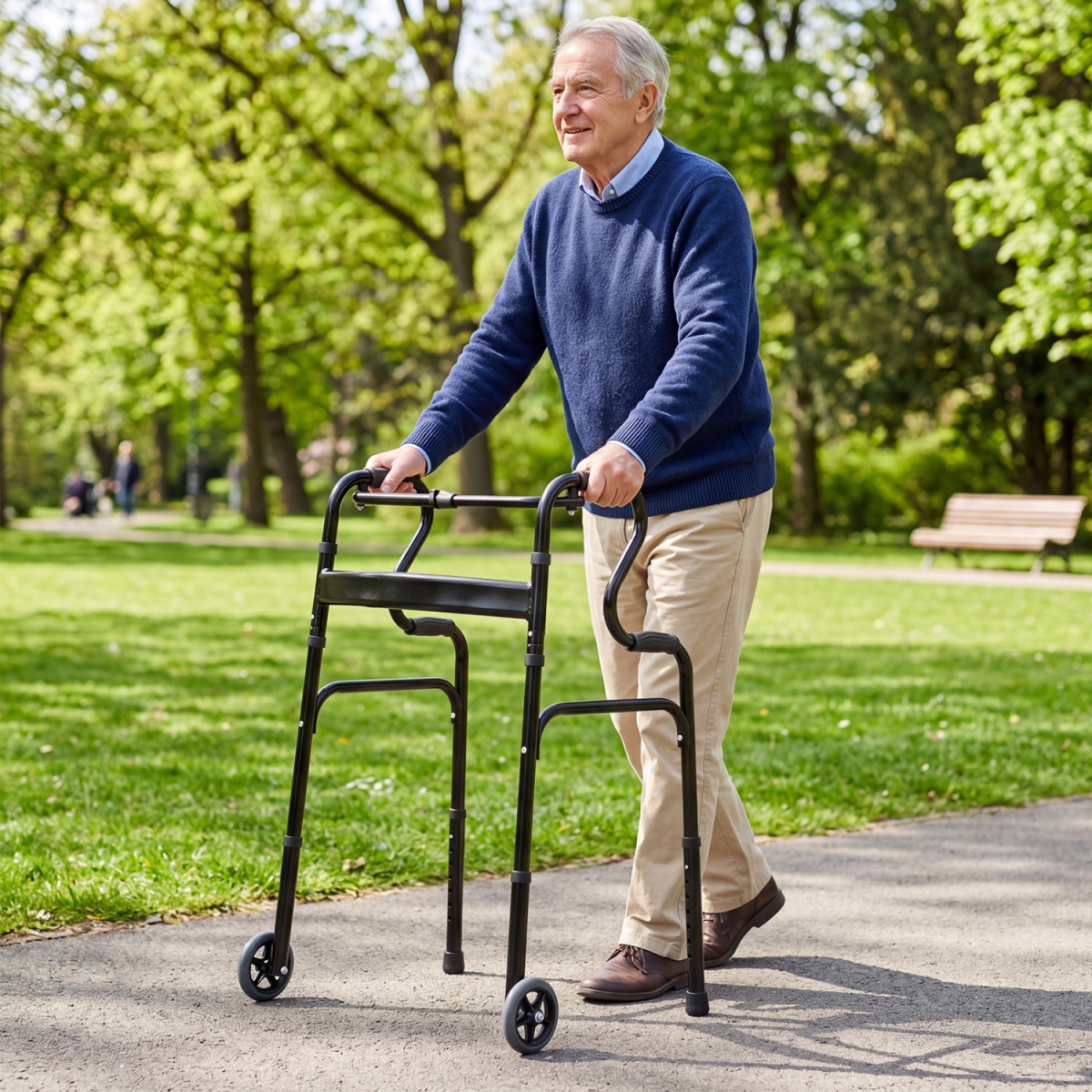 SP0602DK Adjustable Heavy-Duty Folding Walker with Unidirectional Wheels & Bi-Level Armrests - Black