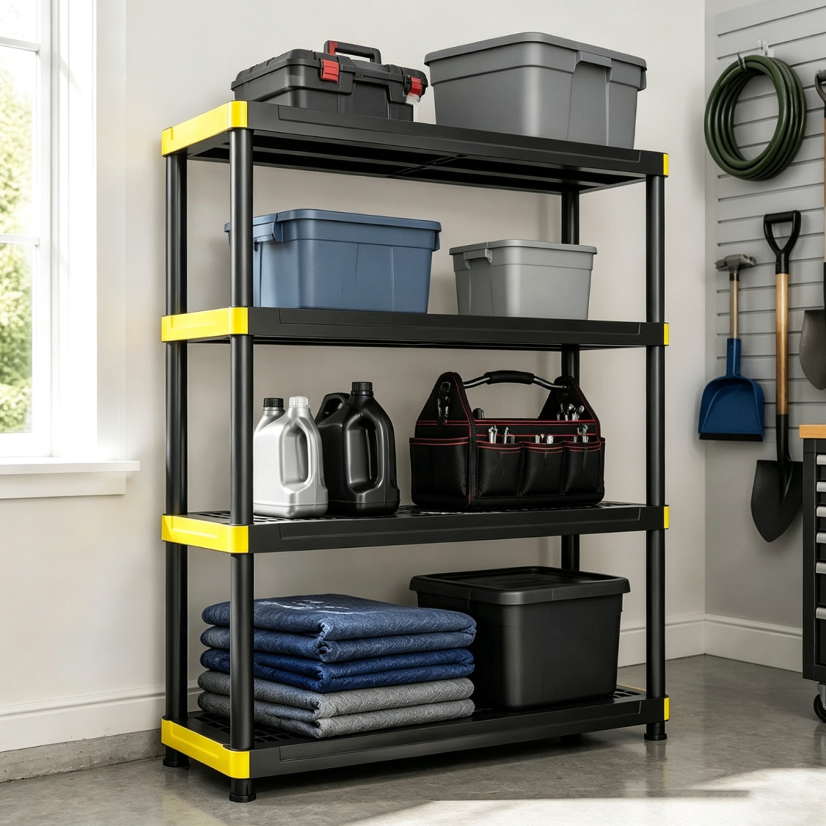 TA10130BK 4-Tier Plastic Storage Shelf Heavy-Duty Utility Rack Freestanding Storage Rack - Black
