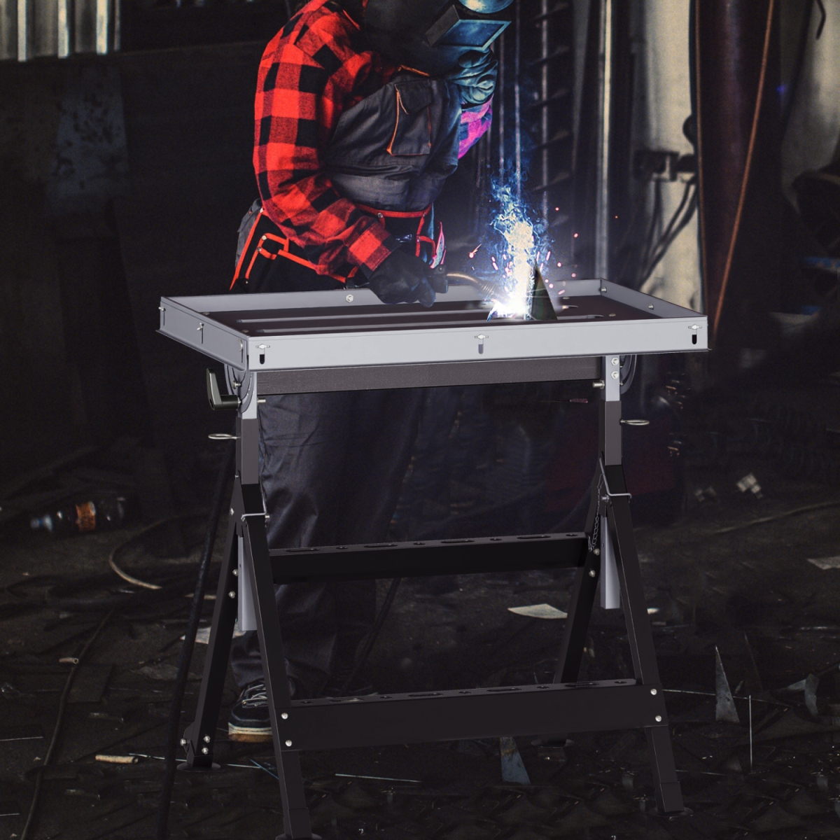 TH10090BK Folding Welding Workbench Table with 2 Fixed Wheels 4-Level Height - Black