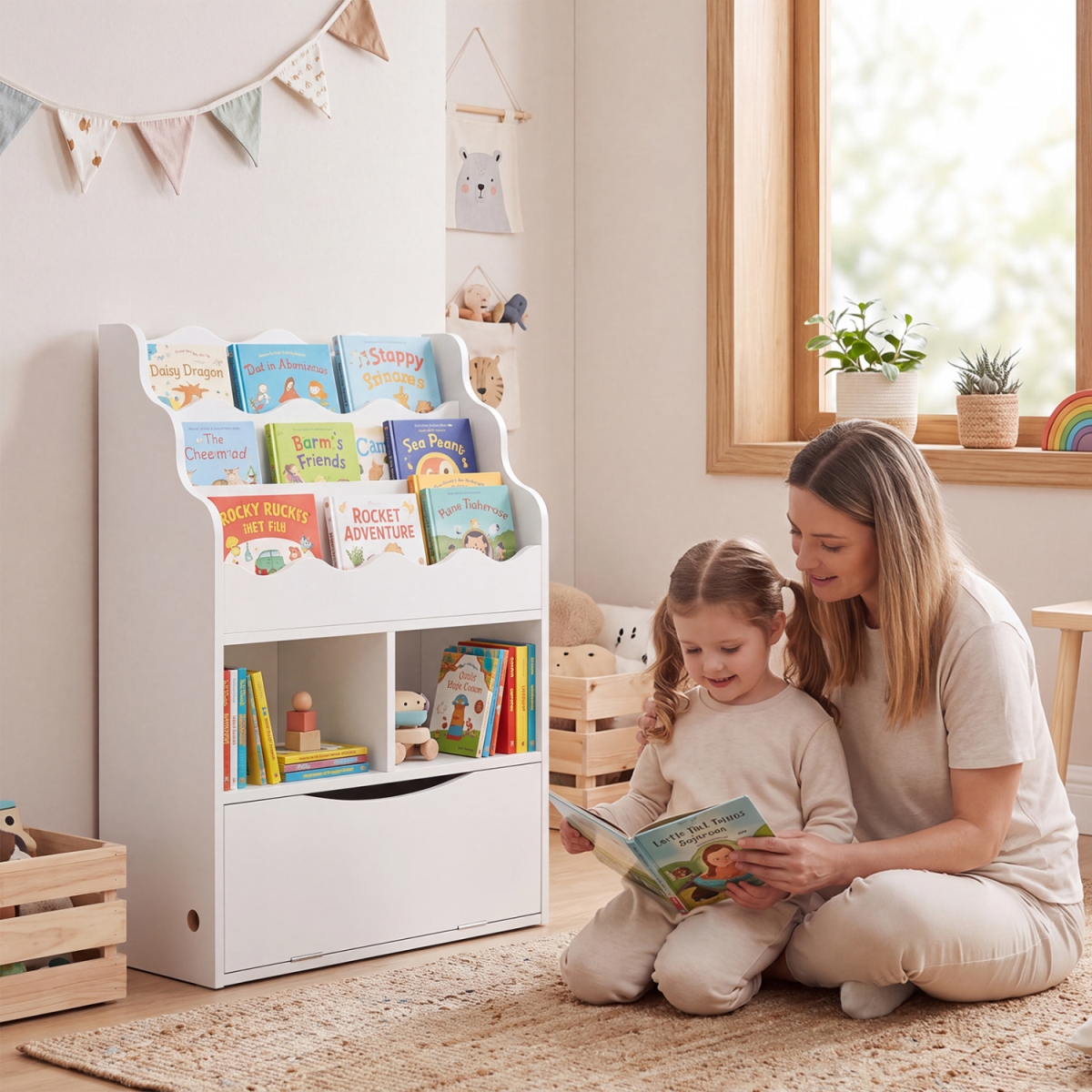 TP10501WH Kids Bookcase with 3-Tier Sling Bookshelf with Shelves Open Cubes & Flip Down Cabinet - White