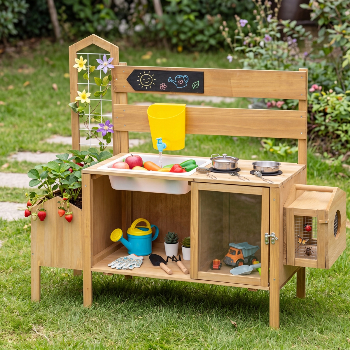 TP10557NA Mud Kitchen for Kids with Detachable Bird Cage & Stoves - Natural