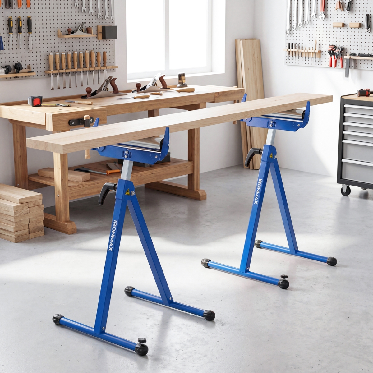 TH10123BL-2 Folding Roller Stands Portable Outfeed Supports with Adjustable Height - Blue - Pack of 2