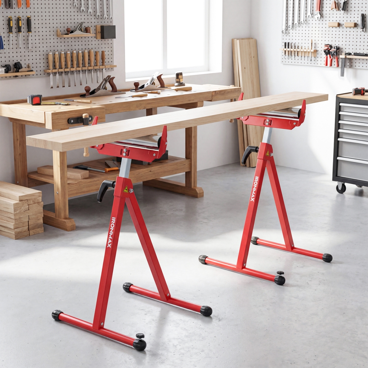 TH10123RE-2 Folding Roller Stands Portable Outfeed Supports with Adjustable Height - Red - Pack of 2