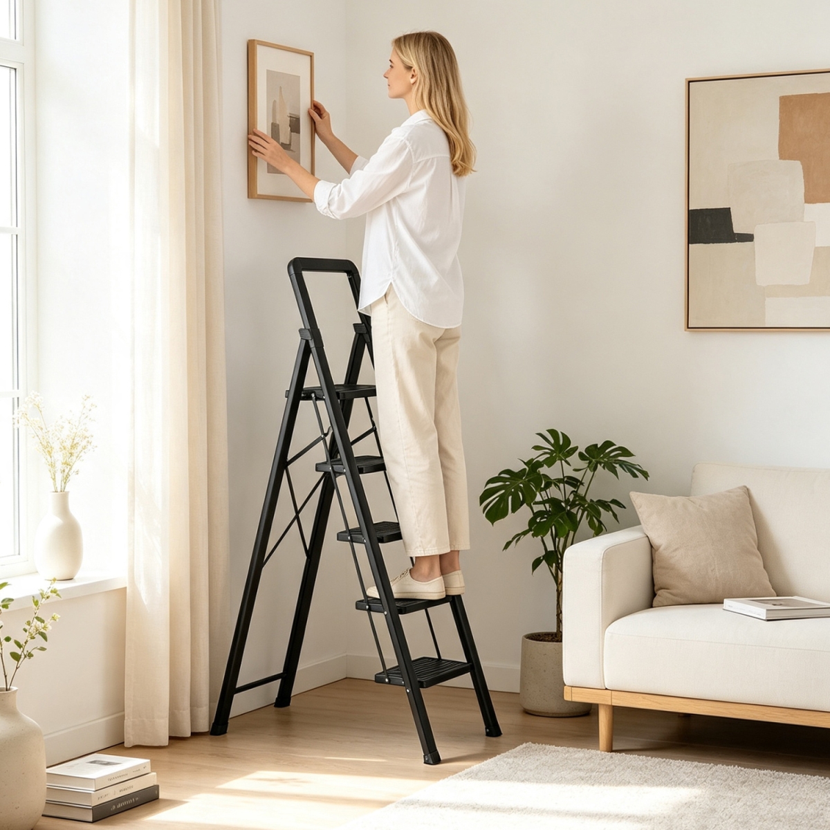 TJ10054DK-5 5 Step Black Folding Step Stool with Wide Anti-Slip Pedals