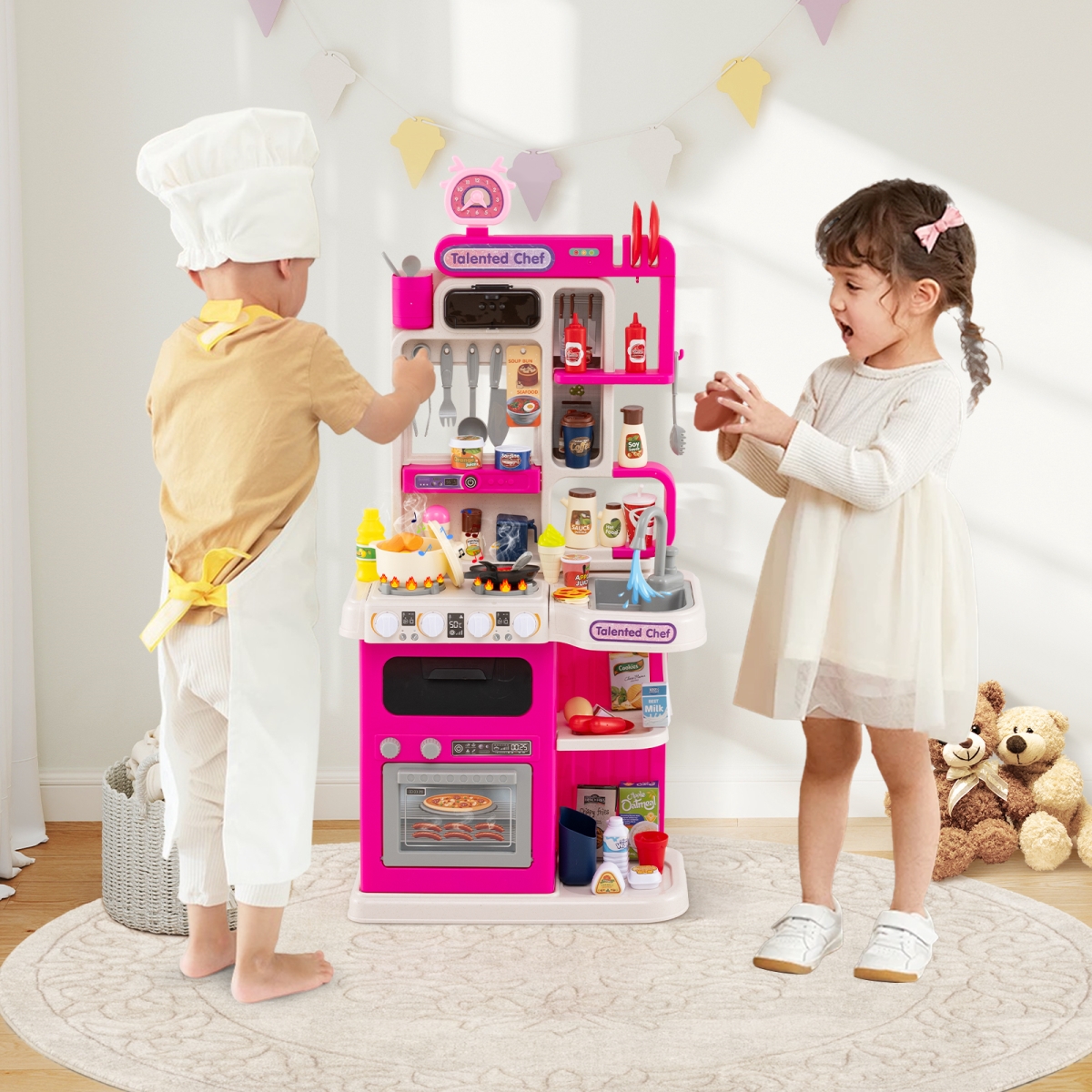 TP10247PI Kids Kitchen Playset Pretend Play Kitchen with Realistic Sounds & Lights - Pink