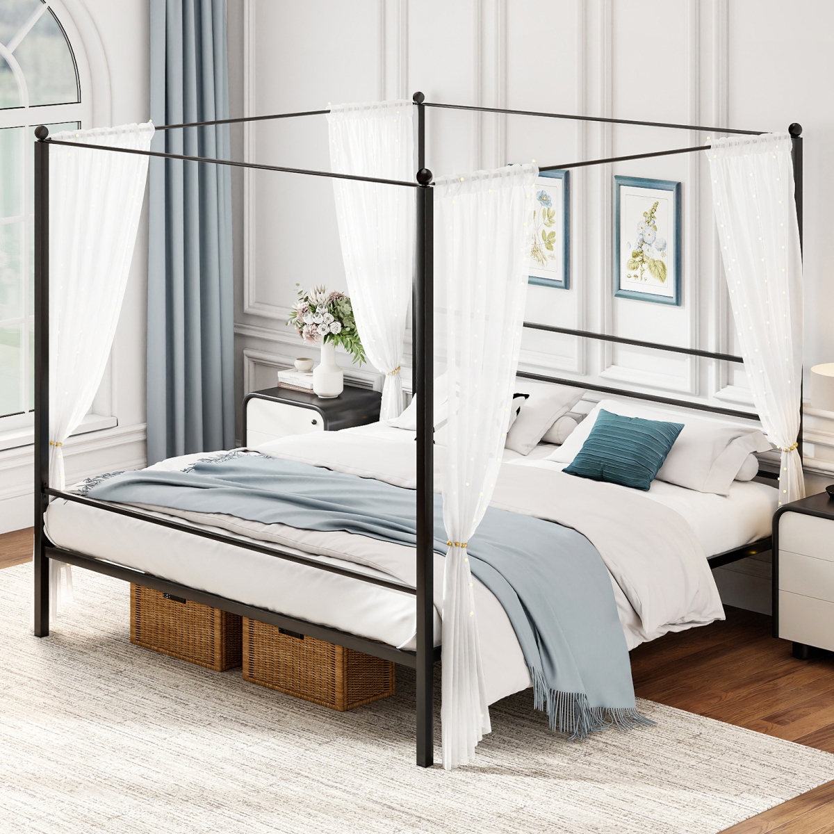 HU11134DK-K King Size Metal Canopy Bed Frame with Slat Support - Black