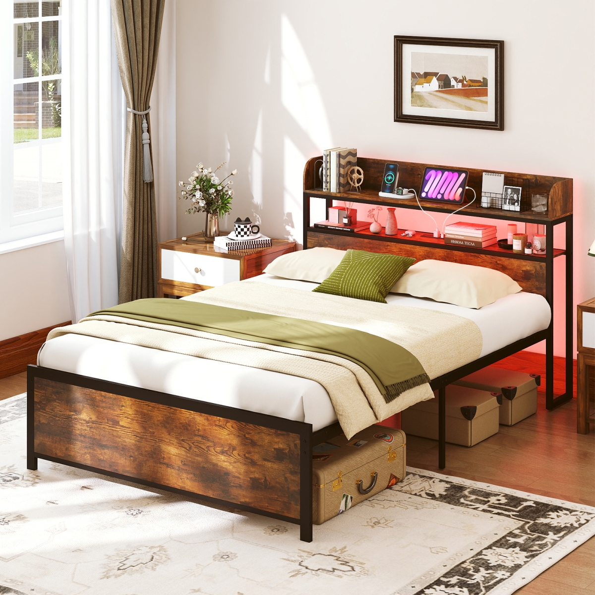 HU11164US-F LED Bed Frame with Power Outlets & Storage Headboard - Full Size