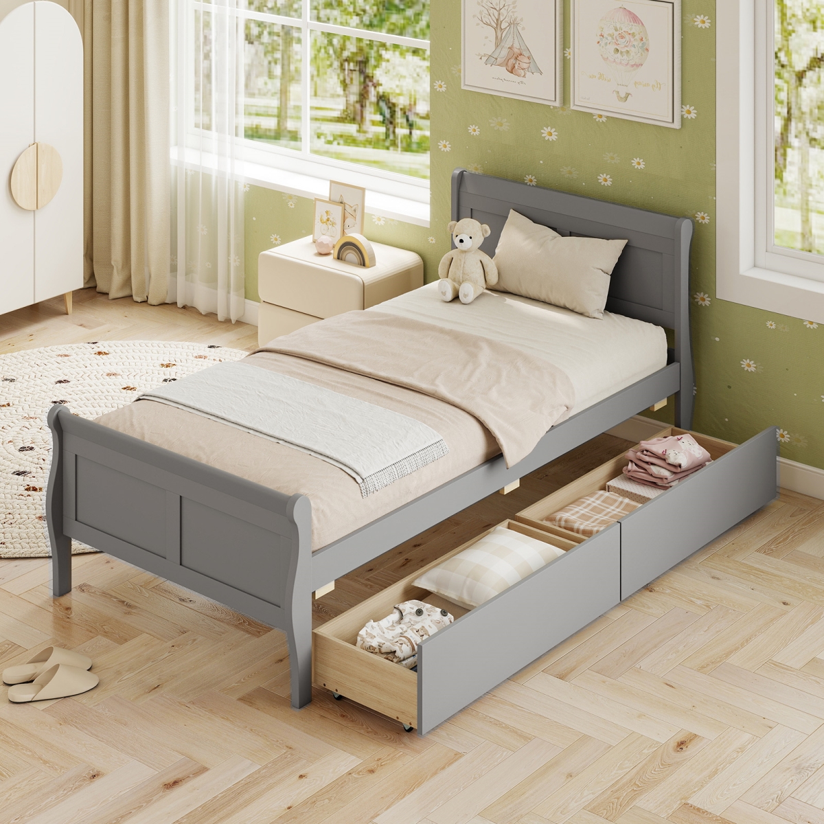 HU11230GR-T Twin Size Sleigh Bed with 2 Storage Drawers Wood Platform Bed Frame - Gray