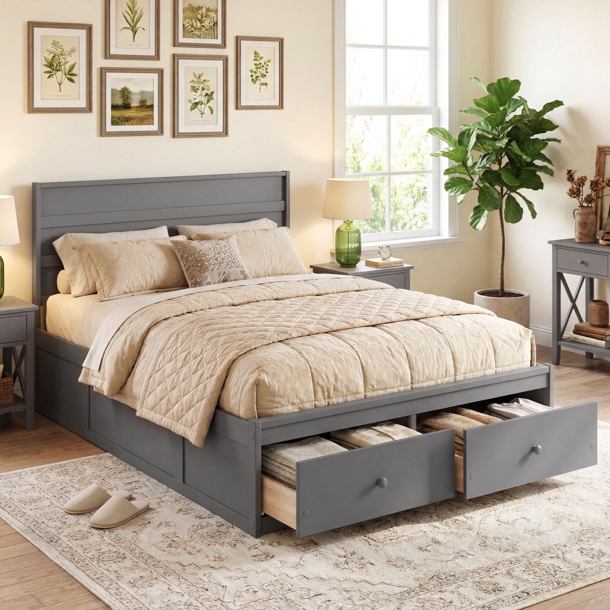 HU11367GR-F Wooden Platform Bed Frame with Storage Drawers - Gray - Full Size