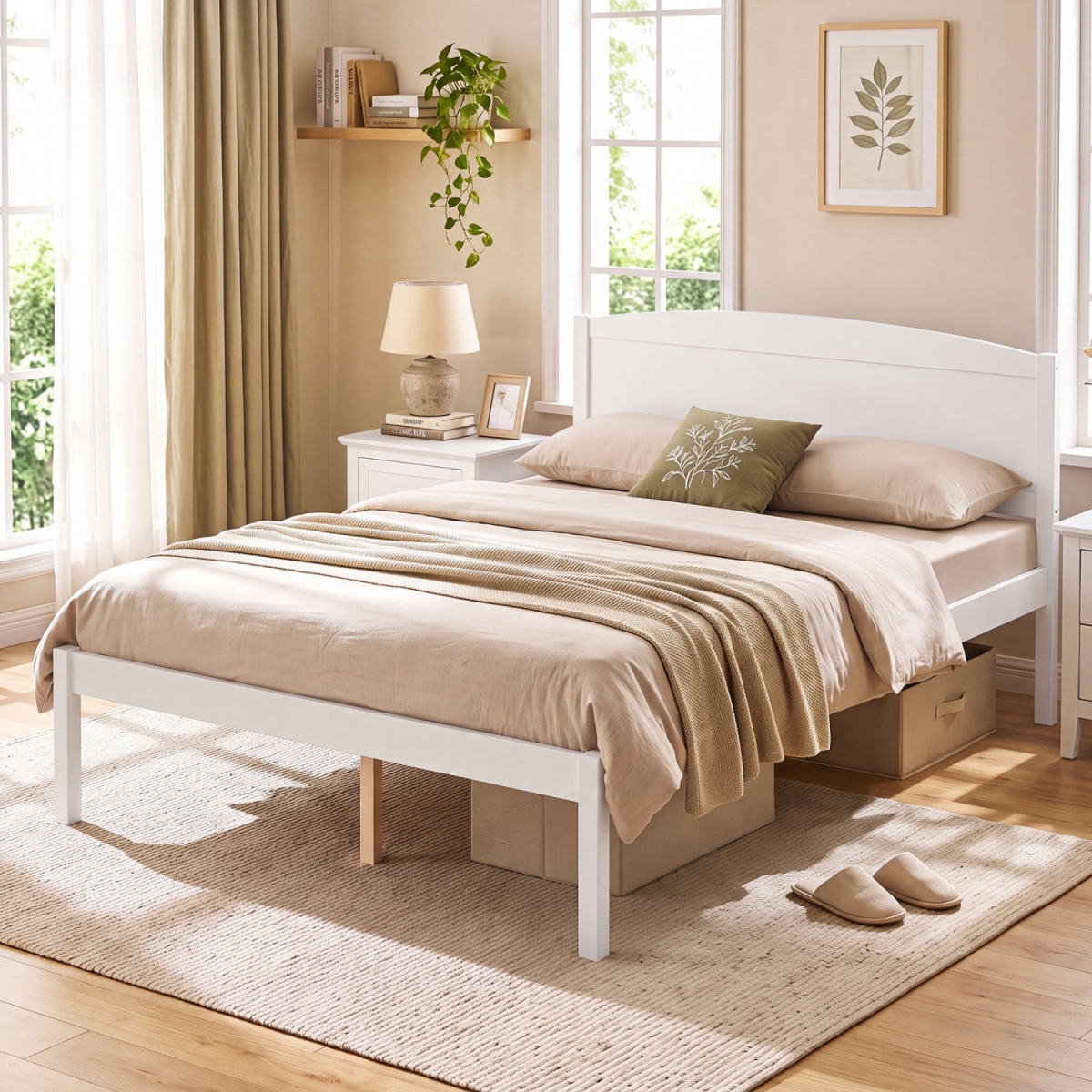 HU11498BS-F Wooden Platform Bed Frame with Curved Headboard - White - Full Size