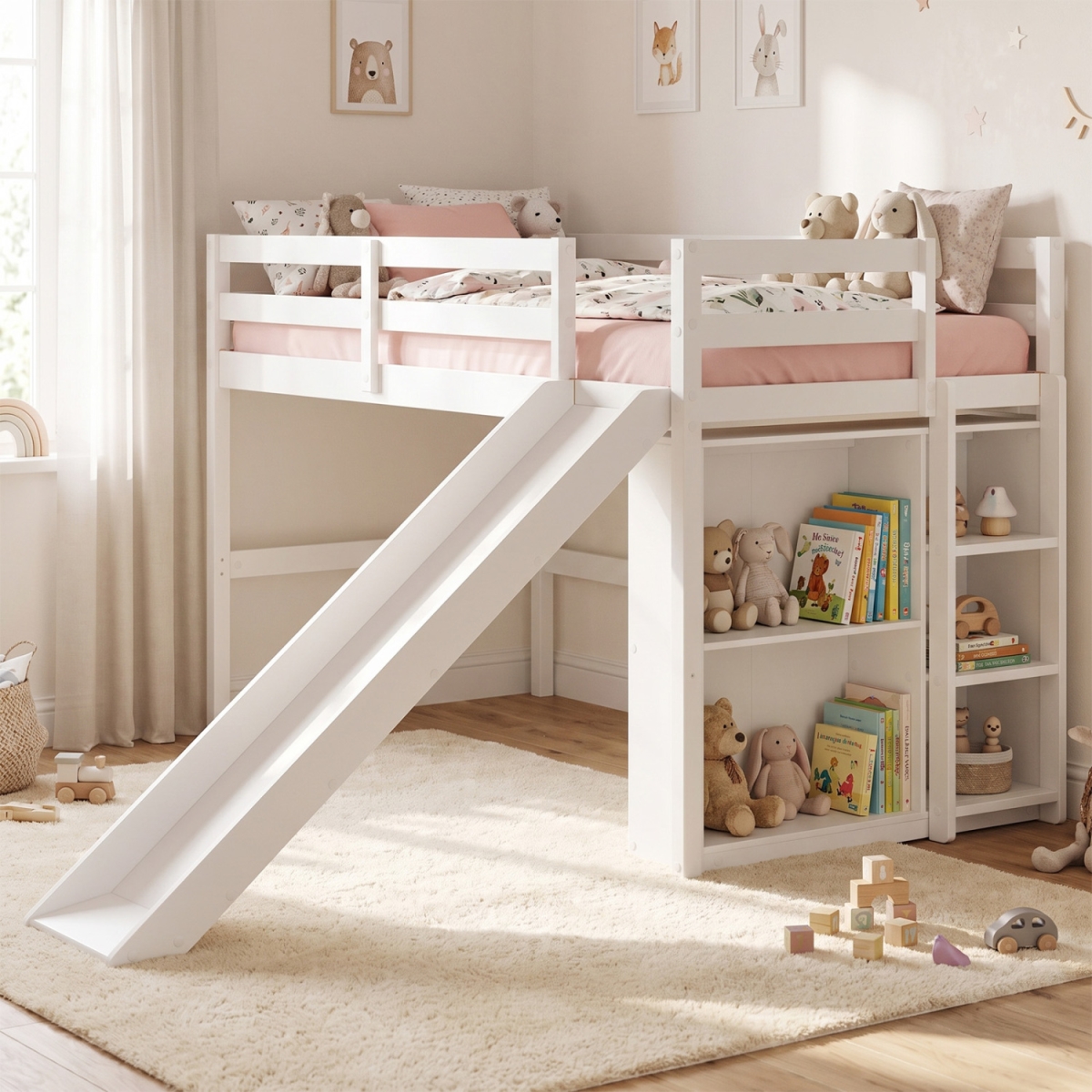 HU11523WHT- Kids Wooden Loft Bed Frame with Slide & Ladder - White - Twin Size