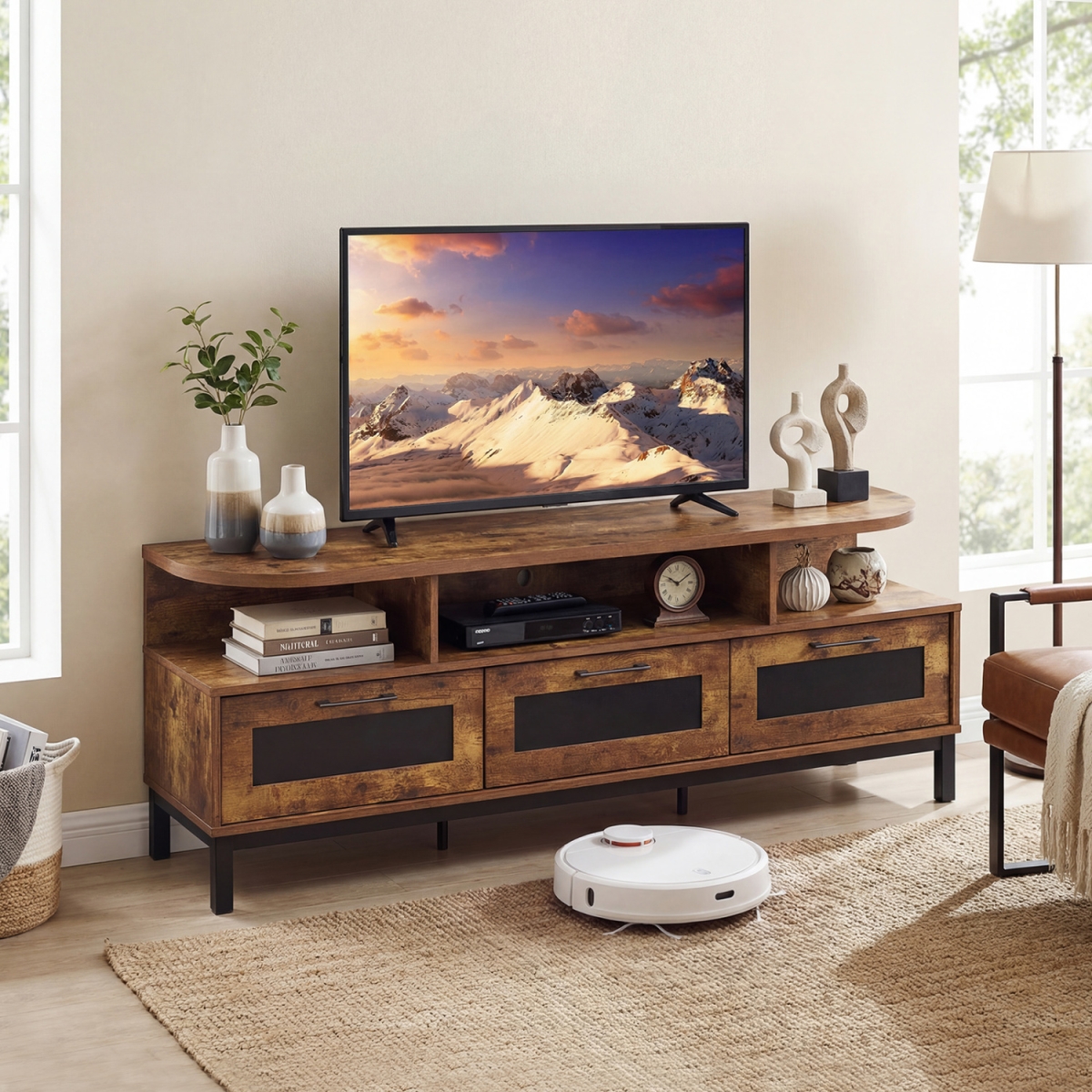HV10898CF Entertainment Center with 3 Storage Drawers & Open Shelves - Rustic Brown