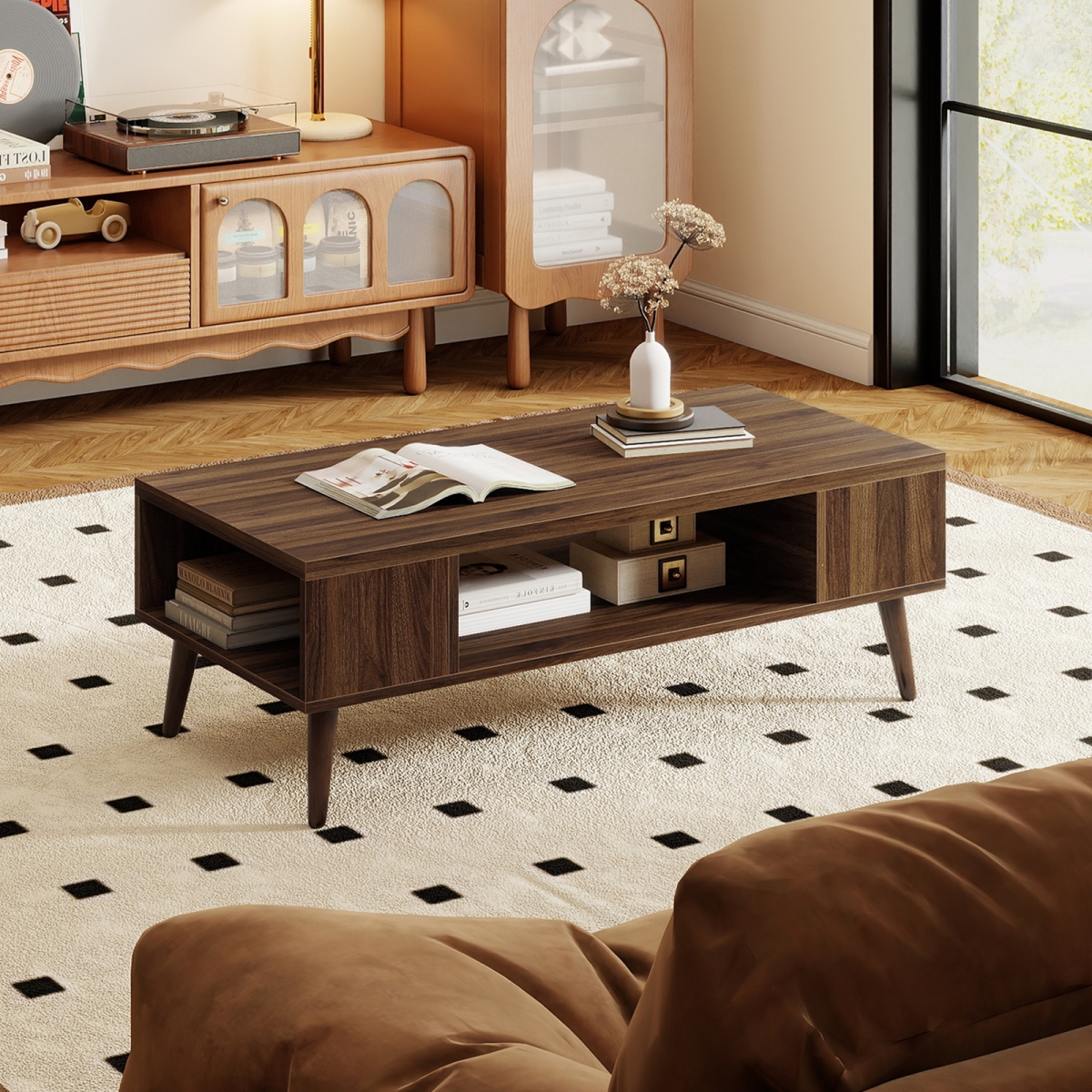 HV10902WN 42 in. Mid Century Modern Coffee Table Rectangular with Open Compartment - Walnut