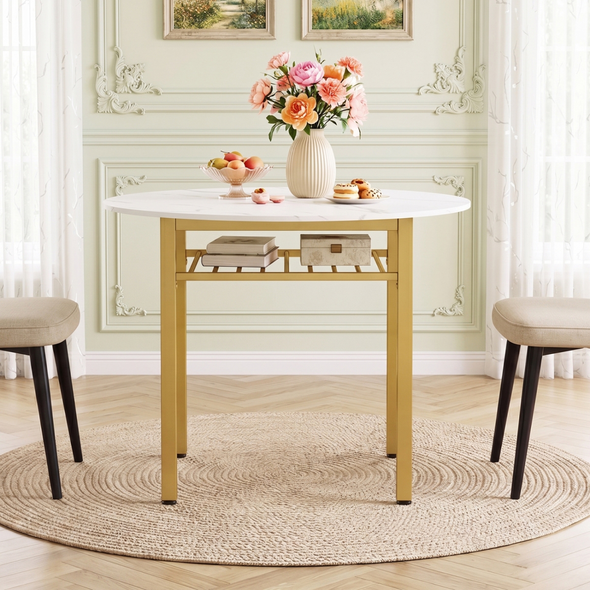 JV12325WH-22 40 in. Round Kitchen Table with Storage Shelf & Metal Frame for 4 People - White