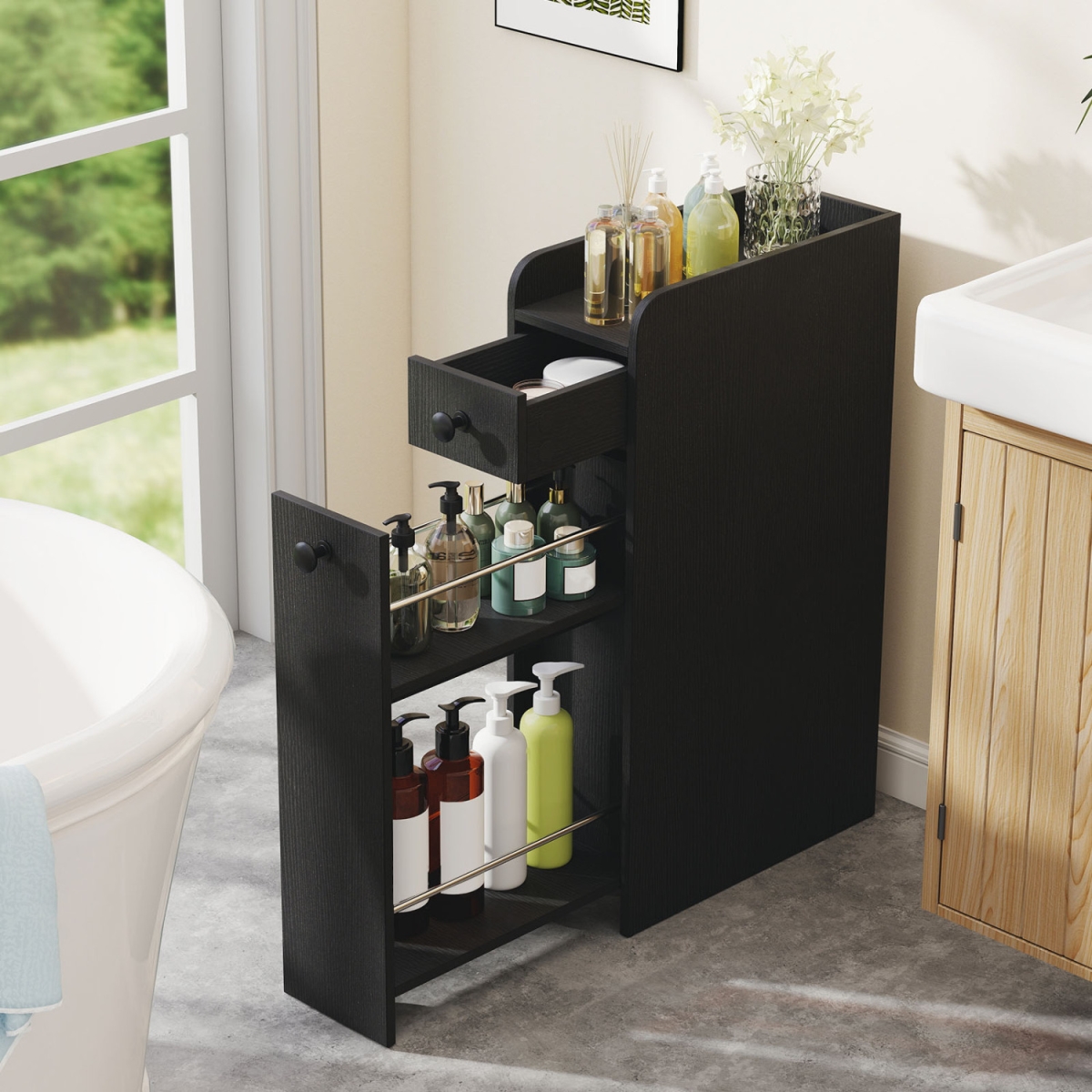 JV12829DK Small Bathroom Storage Cabinet 4-Tier with Slide Out Drawers on Casters - Black