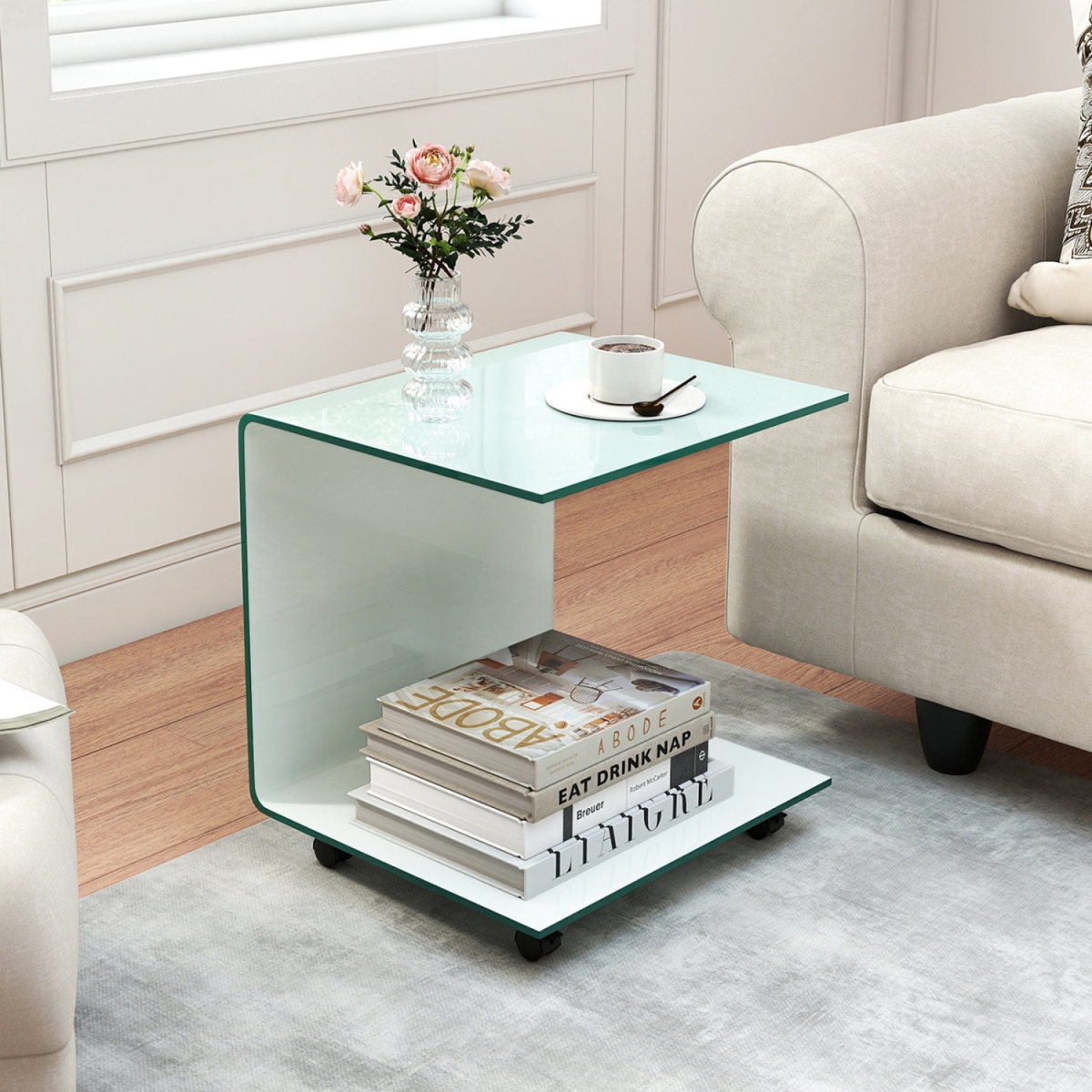JV12964WH C-Shaped End Table Modern Tempered Glass Side Table with Shelf - White