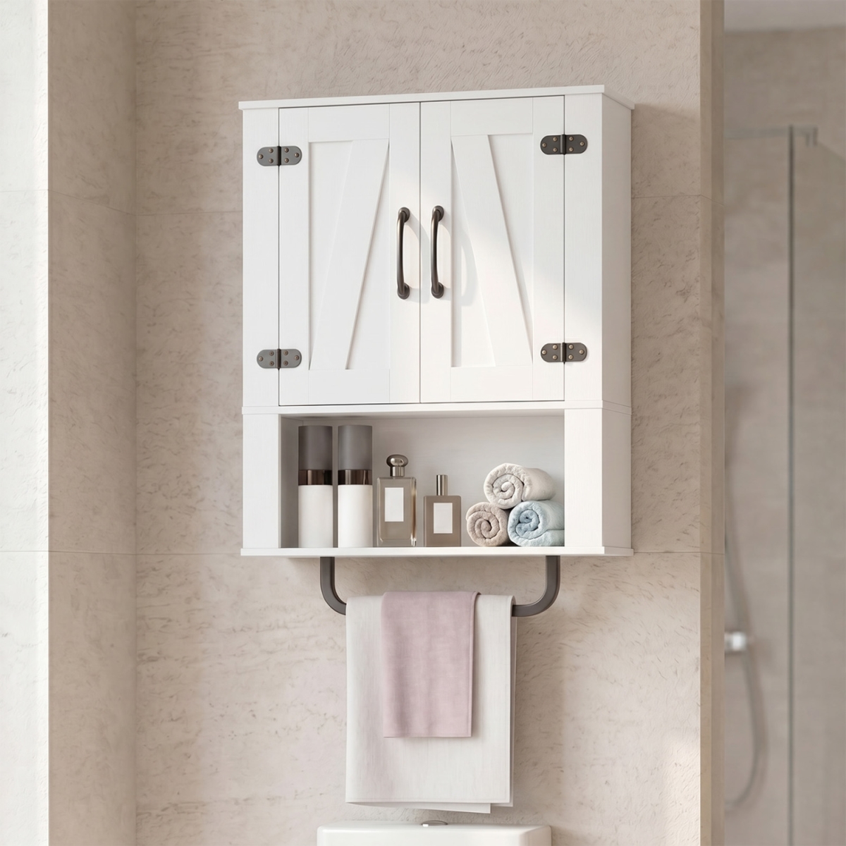 JV13238WH Bathroom Wall Cabinet with 2 Barn Doors & Towel Bar & 3-Tier Wooden Storage - White