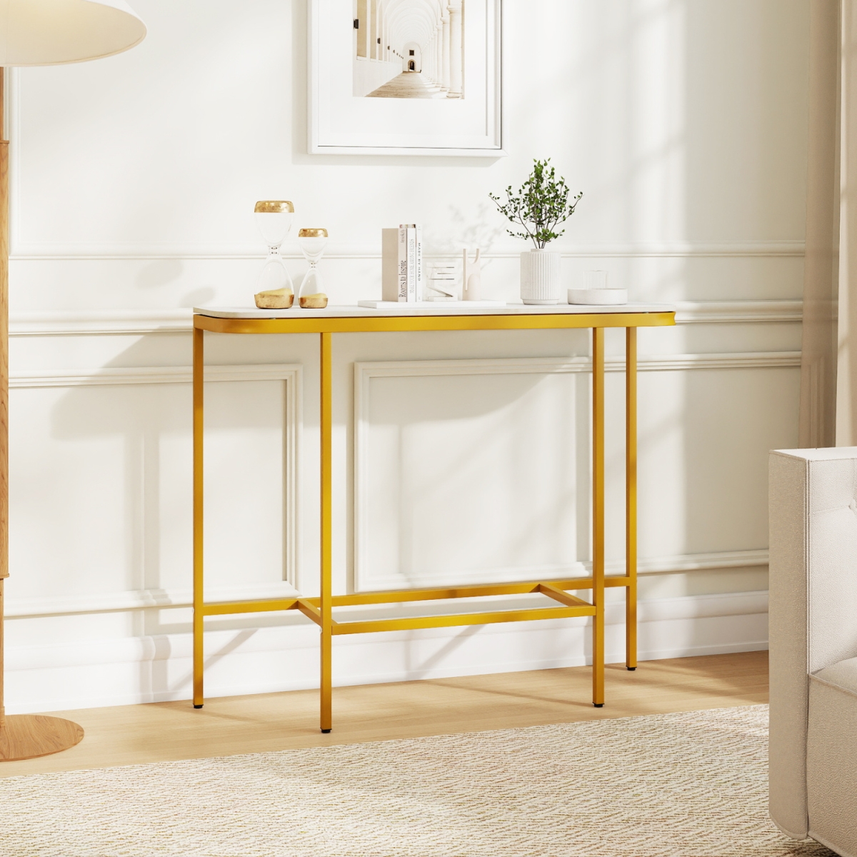 JV13278WH Console Table 44 in. Entryway Table with Faux Marble Tabletop & Heavy-Duty Metal Frame - White