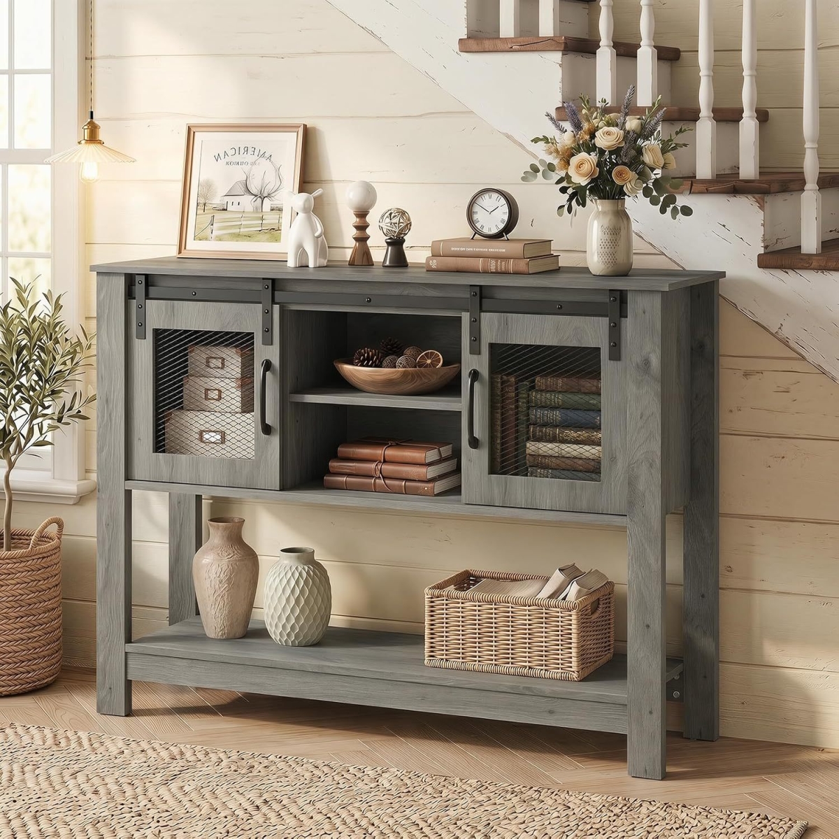 JV13369OA Console Table with Sliding Barn Doors & Storage Cabinets - Gray