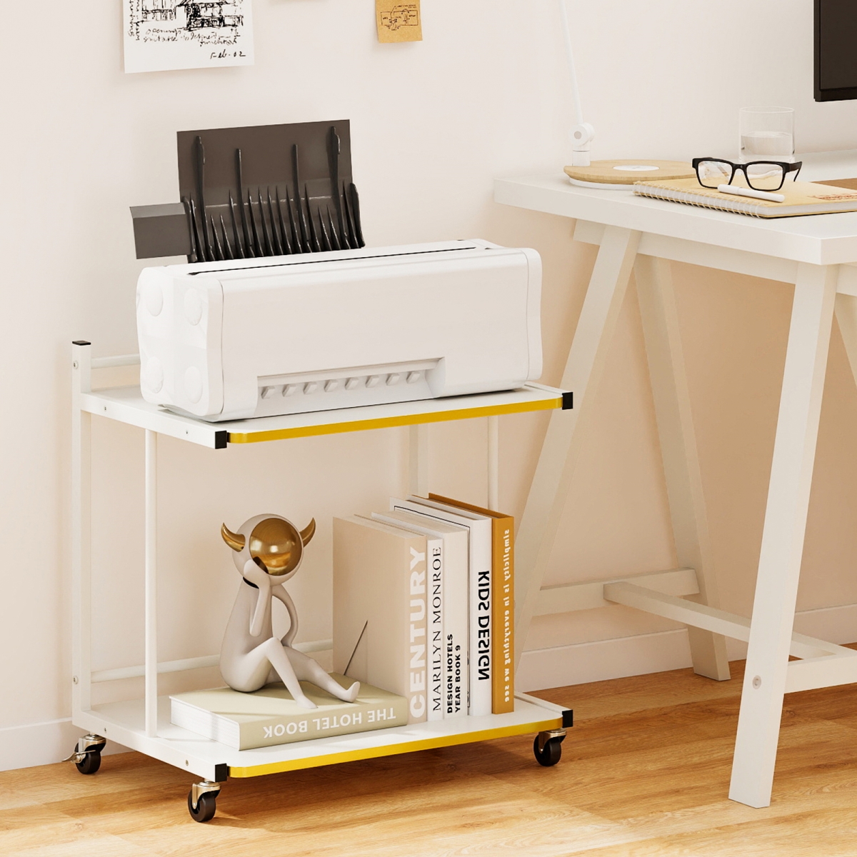 JV13404WH Mobile Side Table 2-Tier Rolling End Table with Open Shelves & Golden Trimmed Edges - White