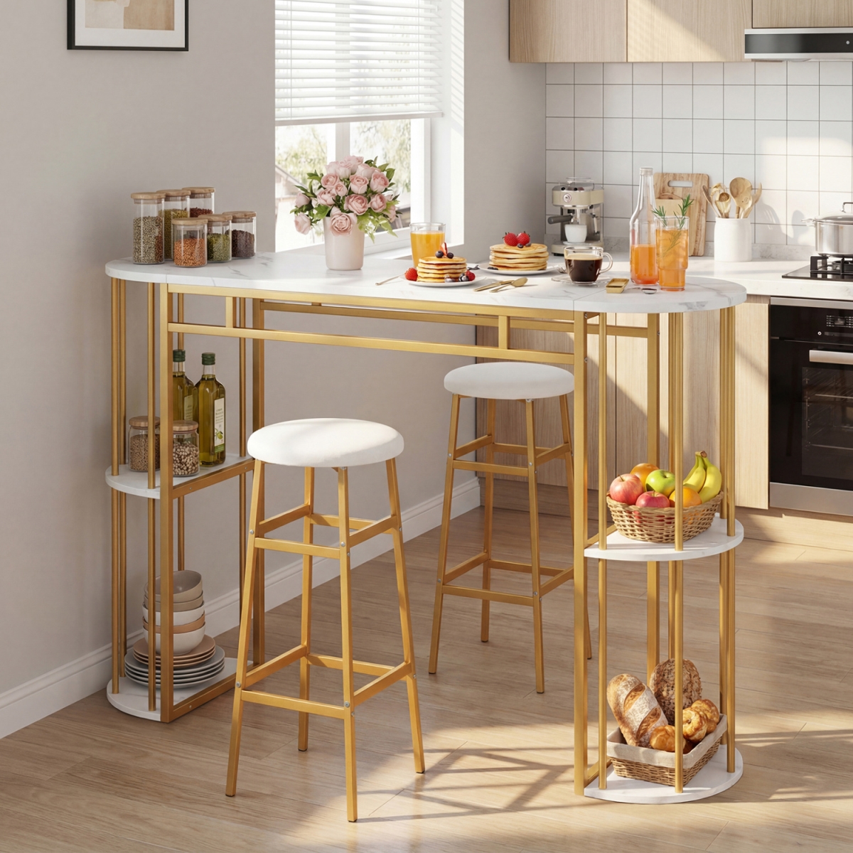 JV13445WH-A-JV13445WH-2 60 in. Dining Table & 2 Upholstered Barstools with Faux Marble Tabletop - White