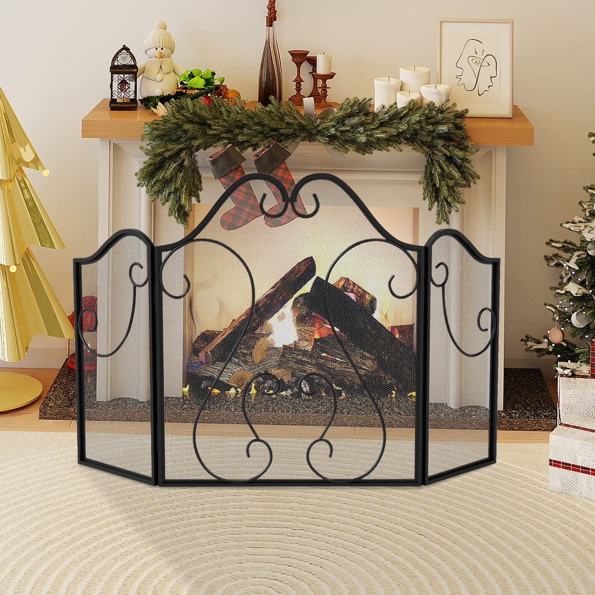 JV13553 3 Panel Fireplace Screen Foldable Spark Guard Cover with Decorative Scroll - Black