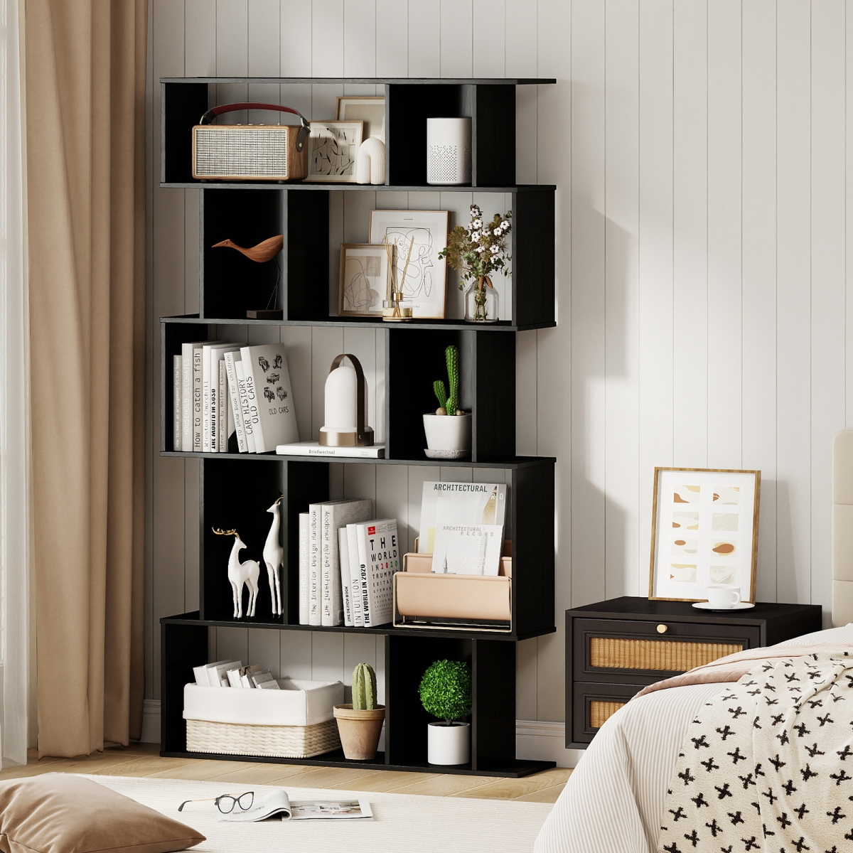 JV13604DK Geometric Bookshelf 5-Tier Bookcase with Open Shelves & Closed-Back Cubes - Black