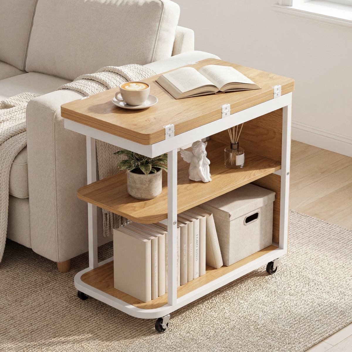 JV13617NA Mobile Night Stand with Foldable Swivel Top & 2-Tier Shelf for Small Spaces - Natural