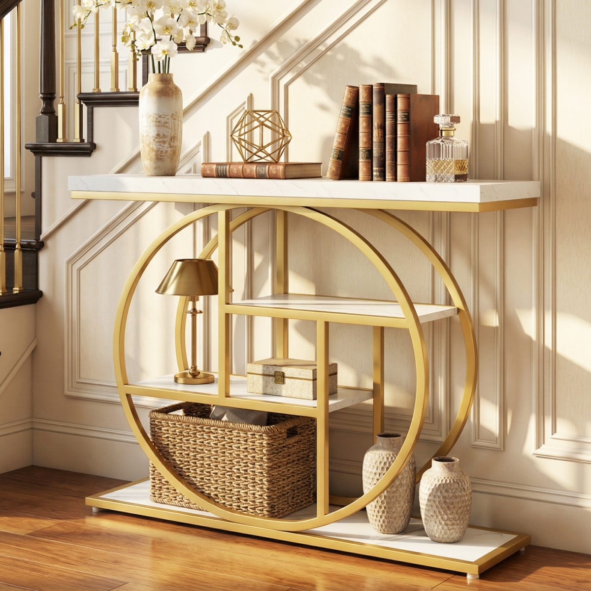 JV13792WH 4-Tier Console Table 41 in. Entryway Table with Storage Shelves - White
