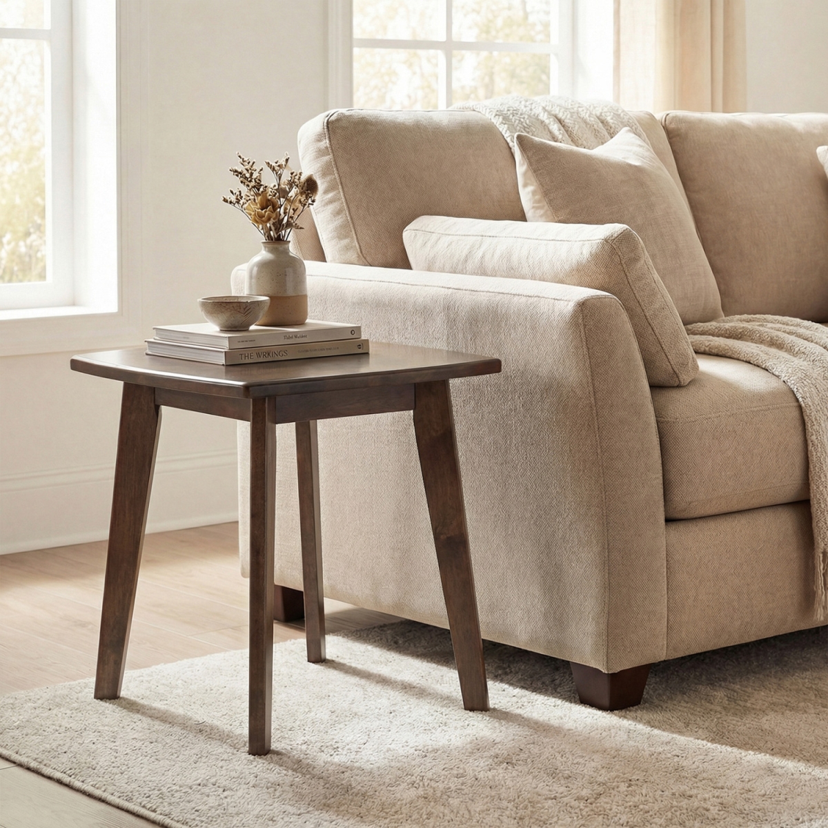 JV13919WL Solid Wood Side Table Square End Table with Thickened Top & Curved Edge - Walnut